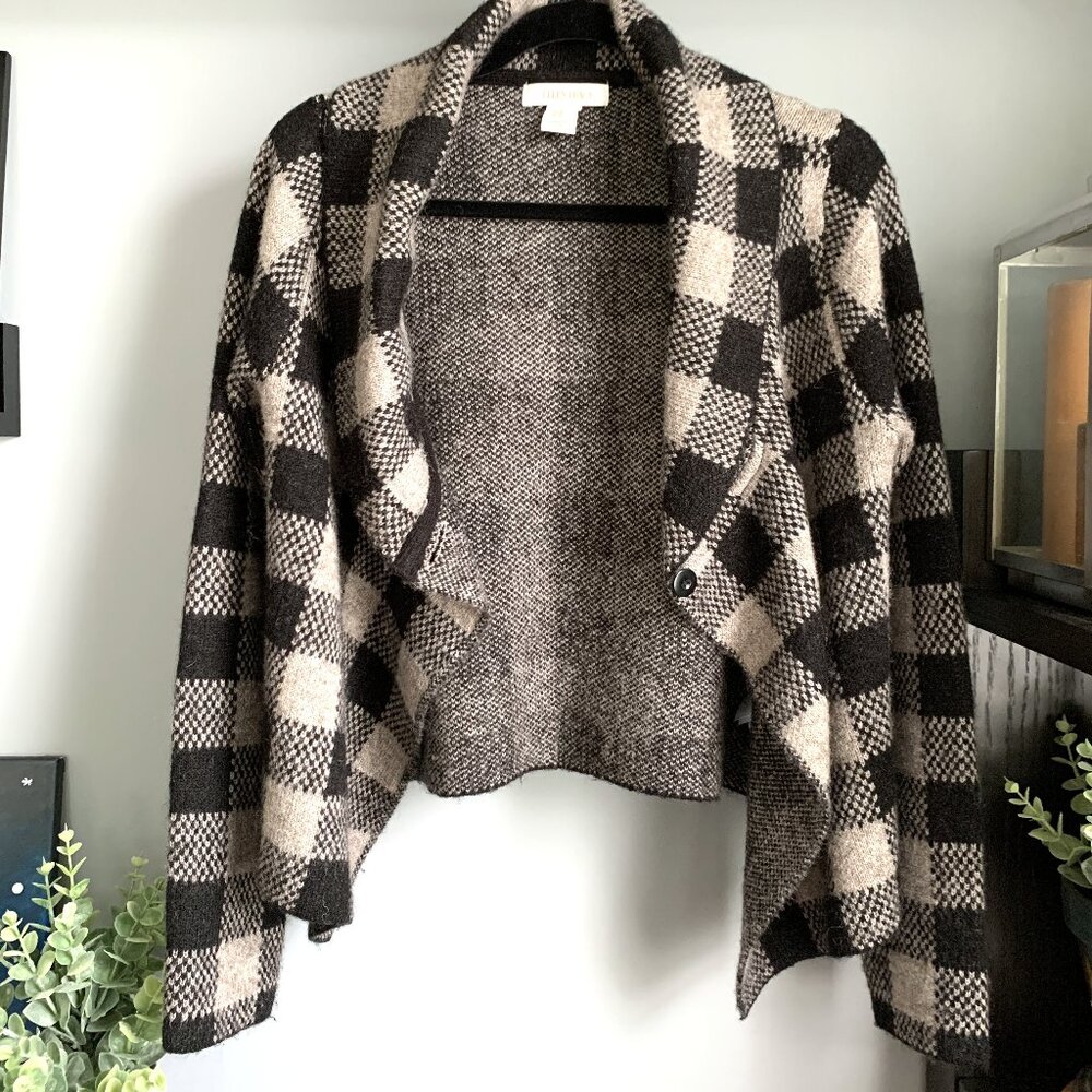 Ellen Tracy Buffalo Shawl Cardigan (Tan/Black) M